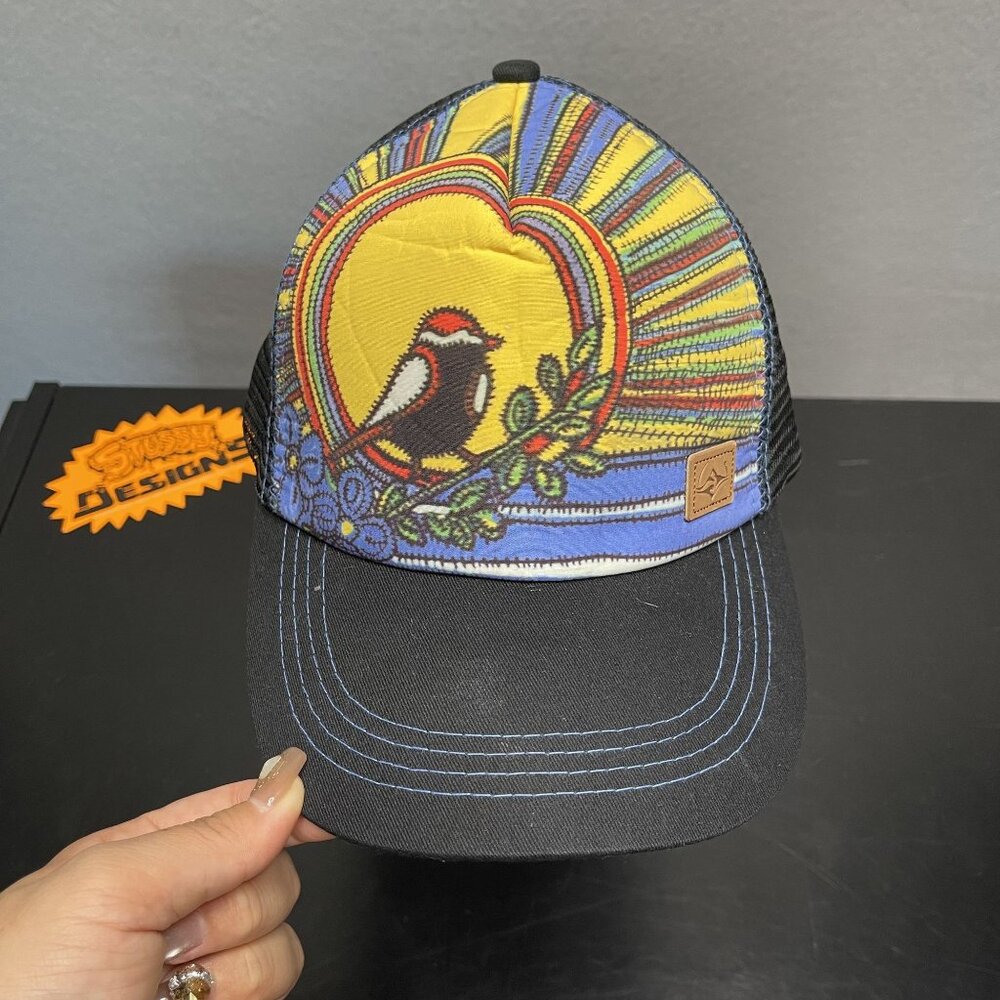 Sacred Surf Bird Trucker Hat With Colorful Embroidered Design & Adjustable Back
